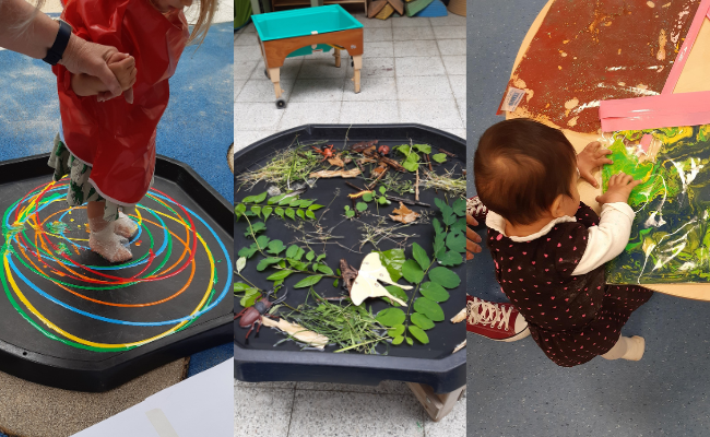 Collage of children taking part in activities including painting
